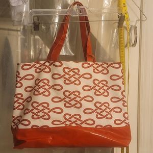 Estee Lauder, Red & White cable pattern , canvas , faux red leather strap ♥️